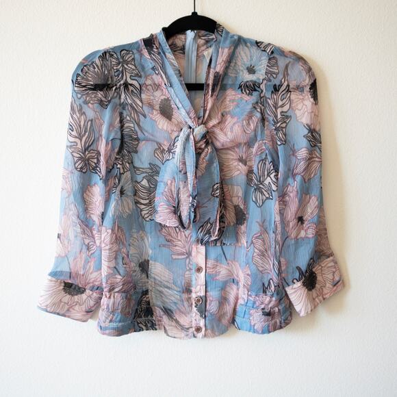 Byron Lars Pastel Blouse Blue Pink Floral Print Tie Neck Sheer Button Front SZ 2 - Picture 2 of 7